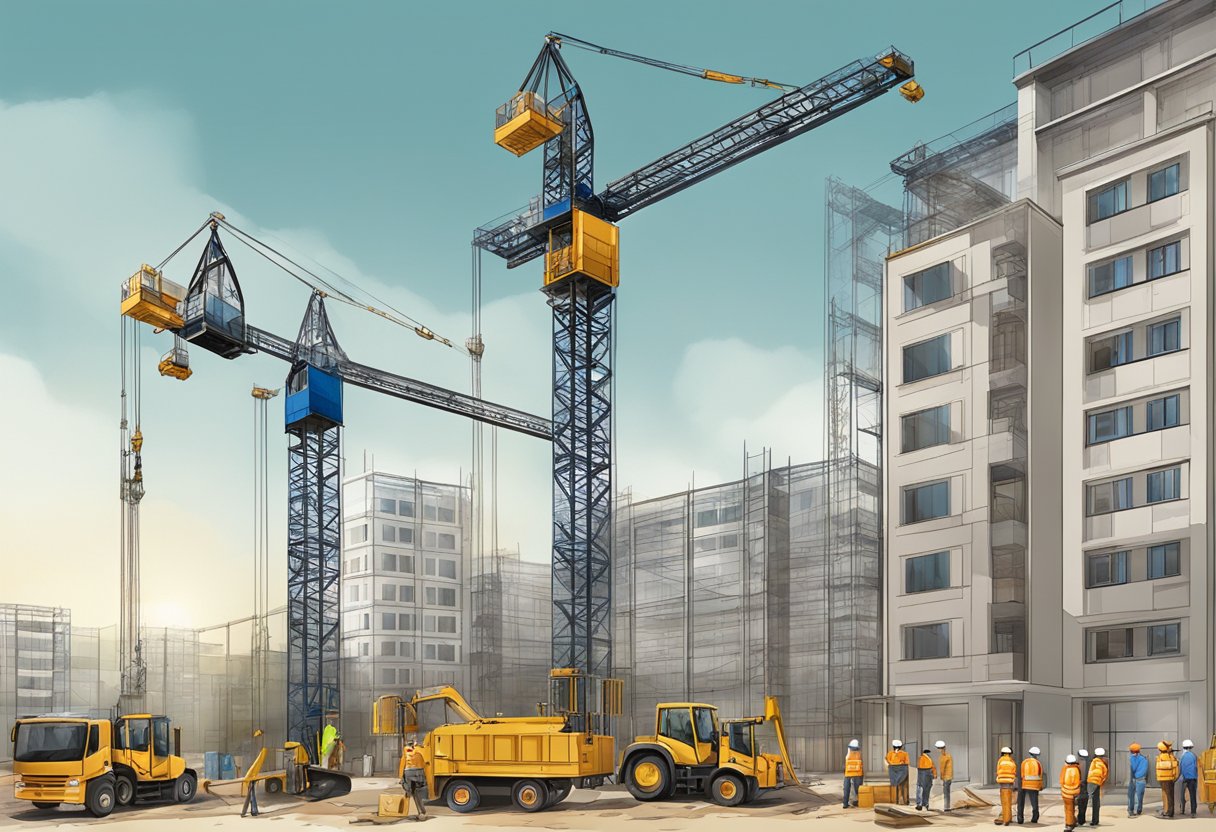 A passenger hoist lifting workers and materials on a construction site