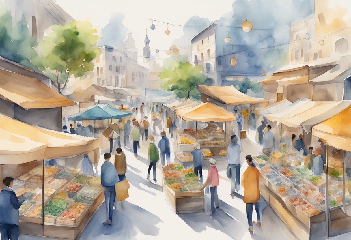 A bustling marketplace with various digital platforms on display, each offering alternative options for Flippa, emphasizing financial considerations