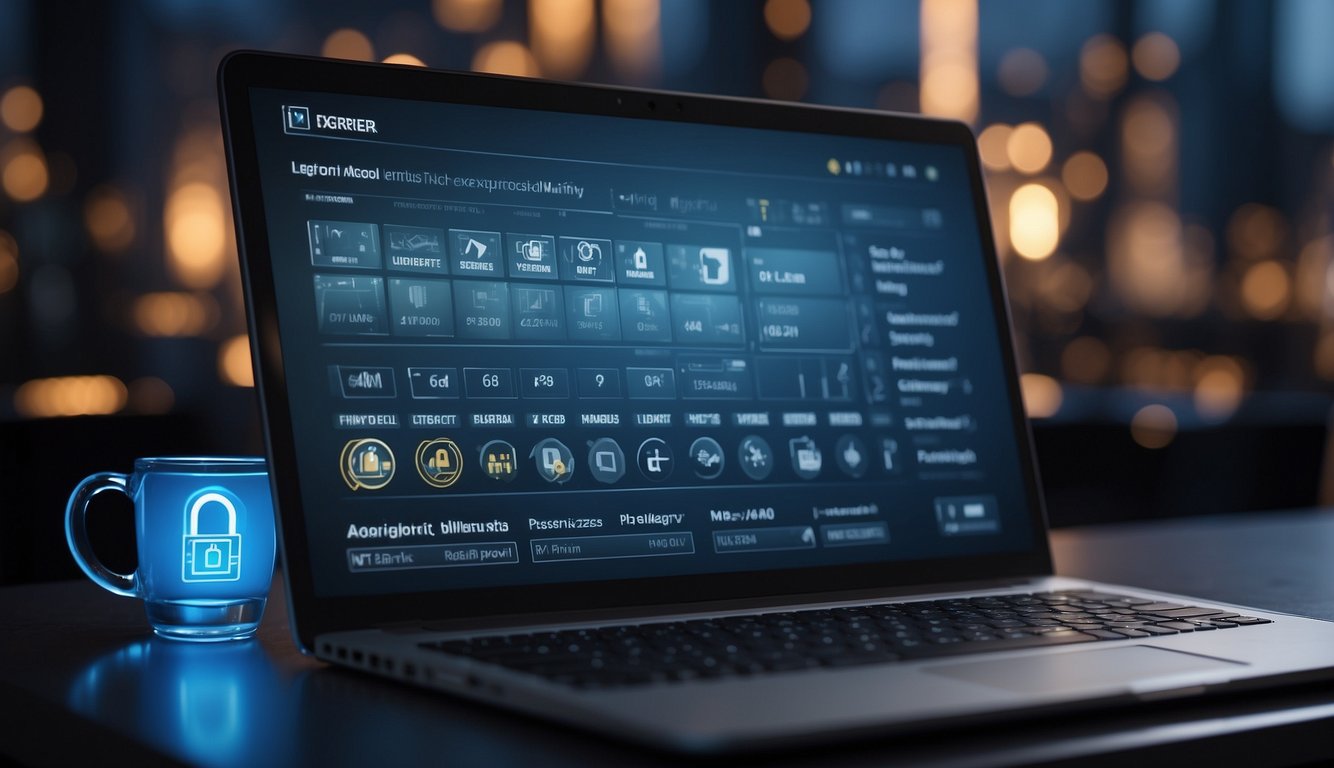 A laptop screen displays a secure password manager interface with various login credentials stored. A key icon symbolizes encryption and security