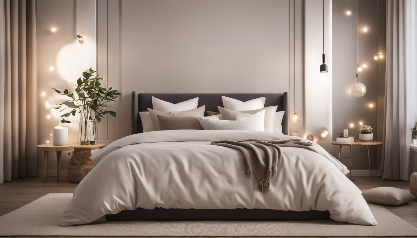 A serene bedroom with soft, ambient lighting, a cozy bed with plush pillows, a calming color scheme, and a soothing essential oil diffuser