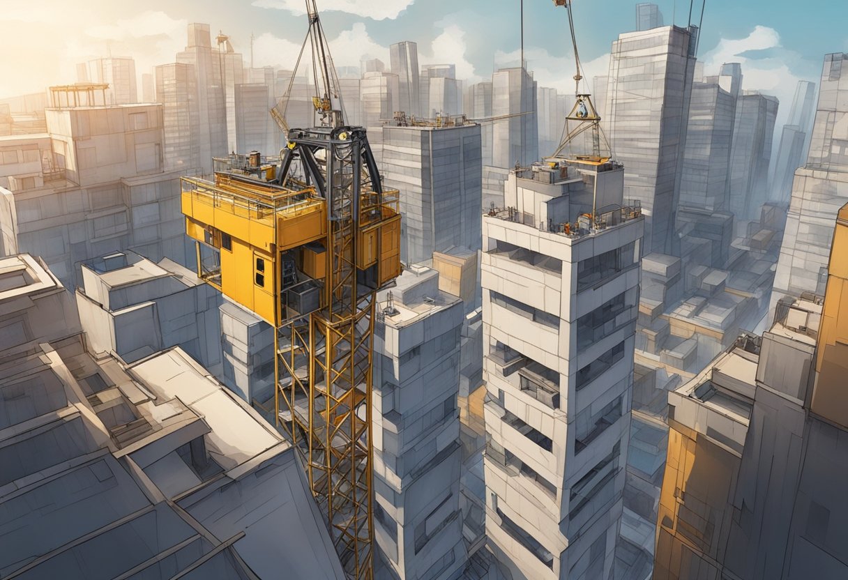 A small construction hoist ascends against a backdrop of a bustling urban skyline, surrounded by cranes and unfinished buildings