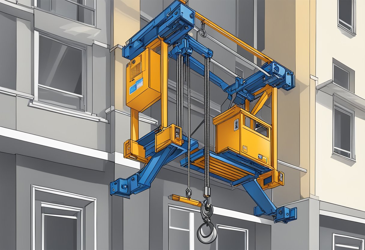 A small construction hoist lifting materials on a building site. It has a sturdy metal frame, a motorized pulley system, and a platform for carrying loads