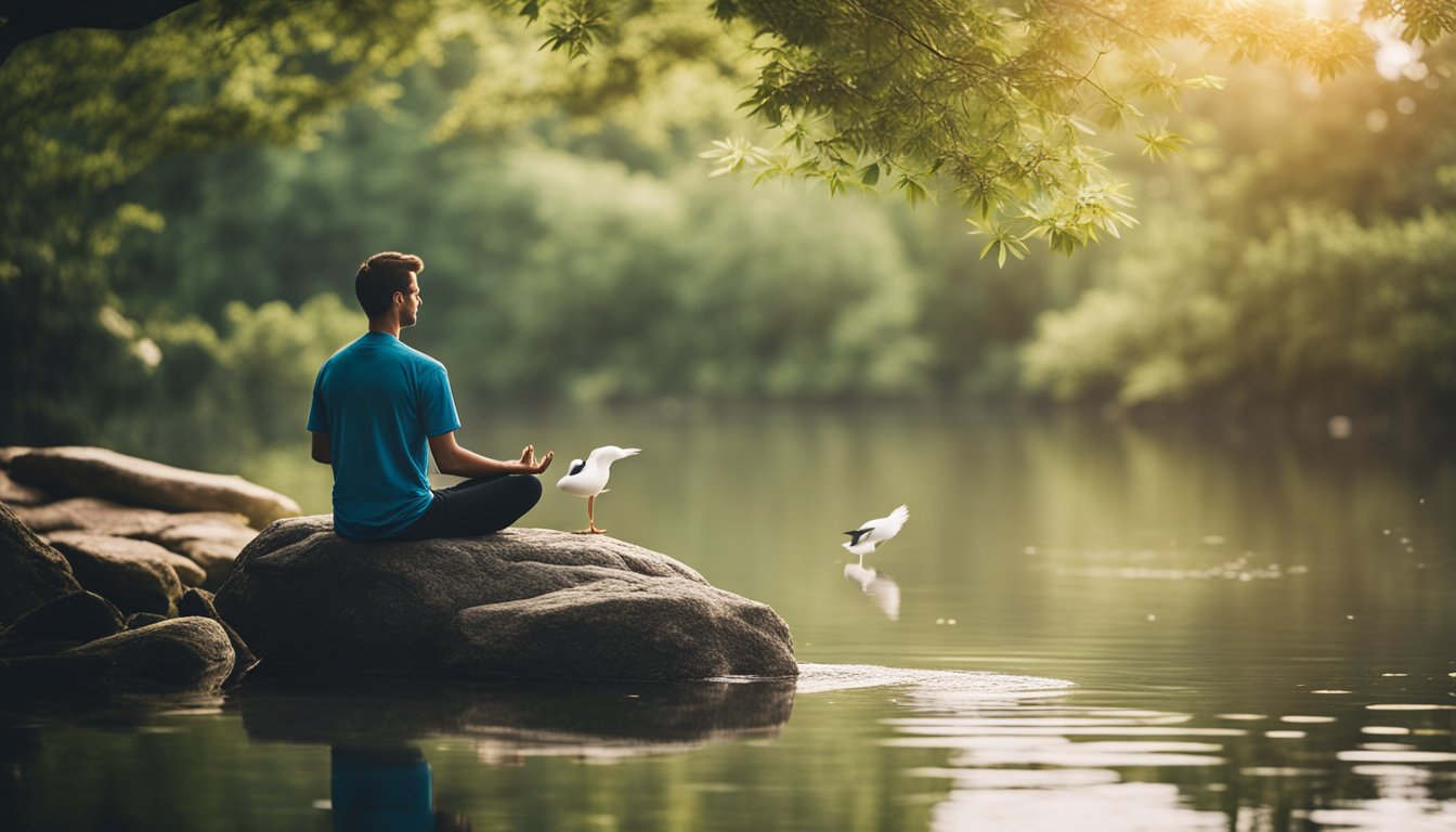 A serene nature scene with a person meditating, surrounded by calming elements like water, trees, and birds, representing mental health and stress management