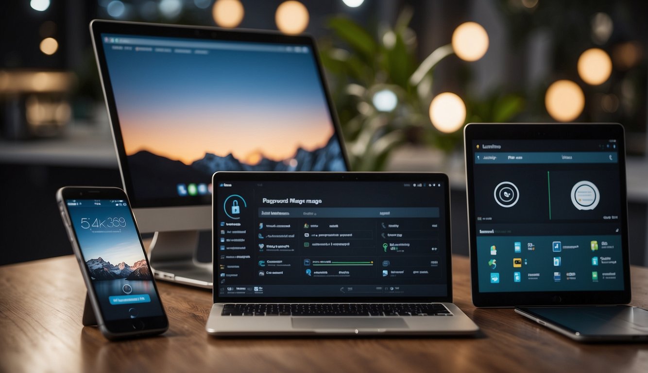 A laptop, tablet, and smartphone are arranged on a desk. Each device displays a different password manager app, with a seamless connection between them