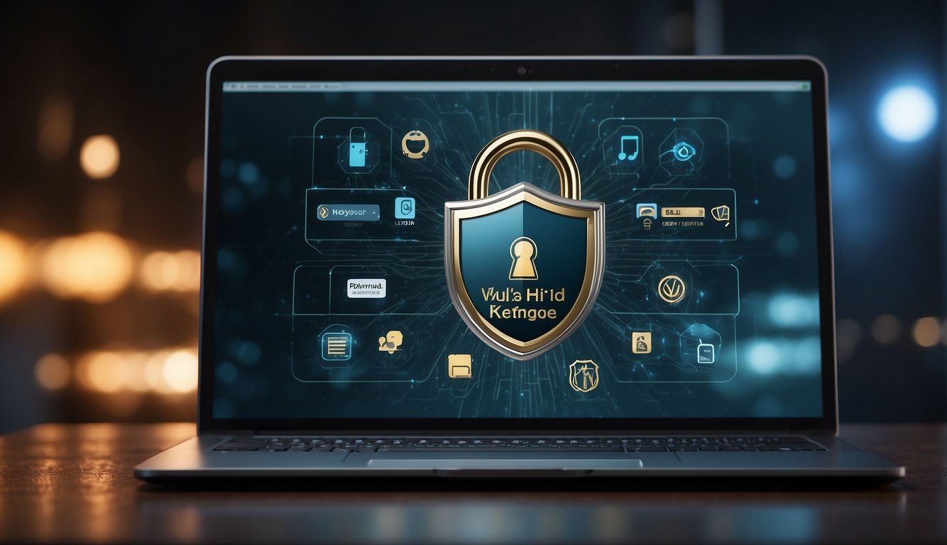 A laptop screen displaying a password manager interface with various login credentials and a lock symbol, surrounded by digital security icons and a shield