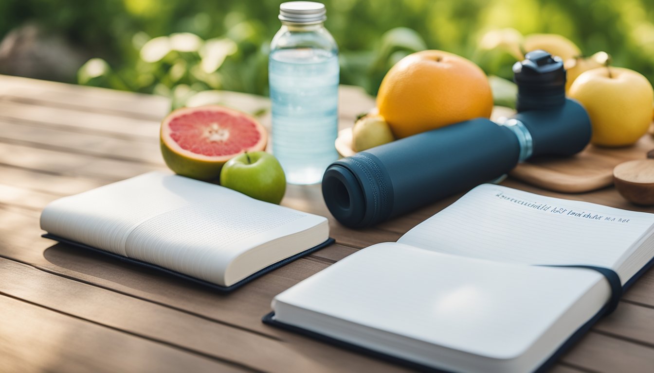 A serene natural setting with a yoga mat, fresh fruits, a water bottle, and a journal with the title "Practical Habits for Holistic Health 5 Hacks To Build Healthy Habits In 2024" prominently displayed