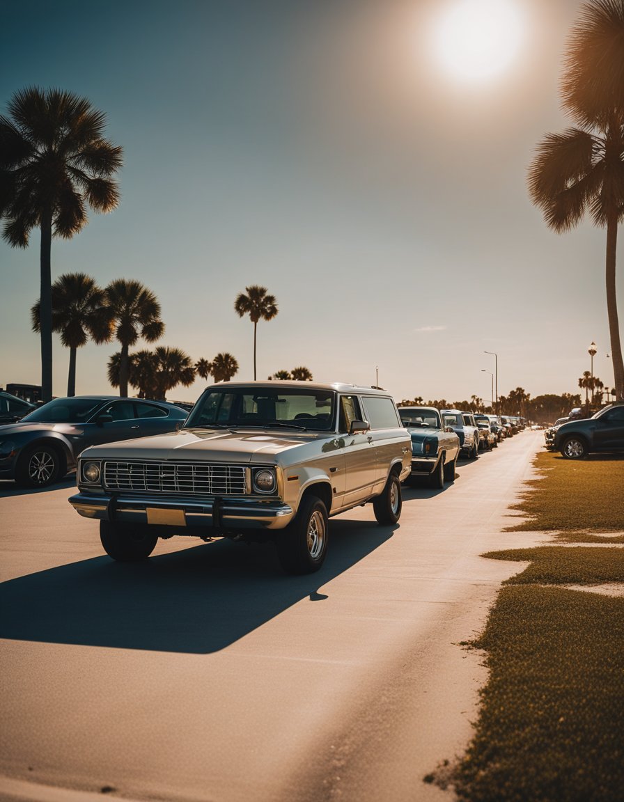 The sun sets over Pass-a-Grille Beach, casting a warm glow on the sandy shore and the rows of parked cars in the beach parking lot