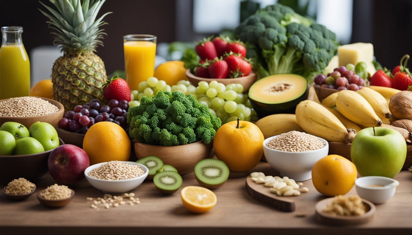 A table with various healthy food options, such as fruits, vegetables, lean proteins, and whole grains. A scale and measuring tape nearby