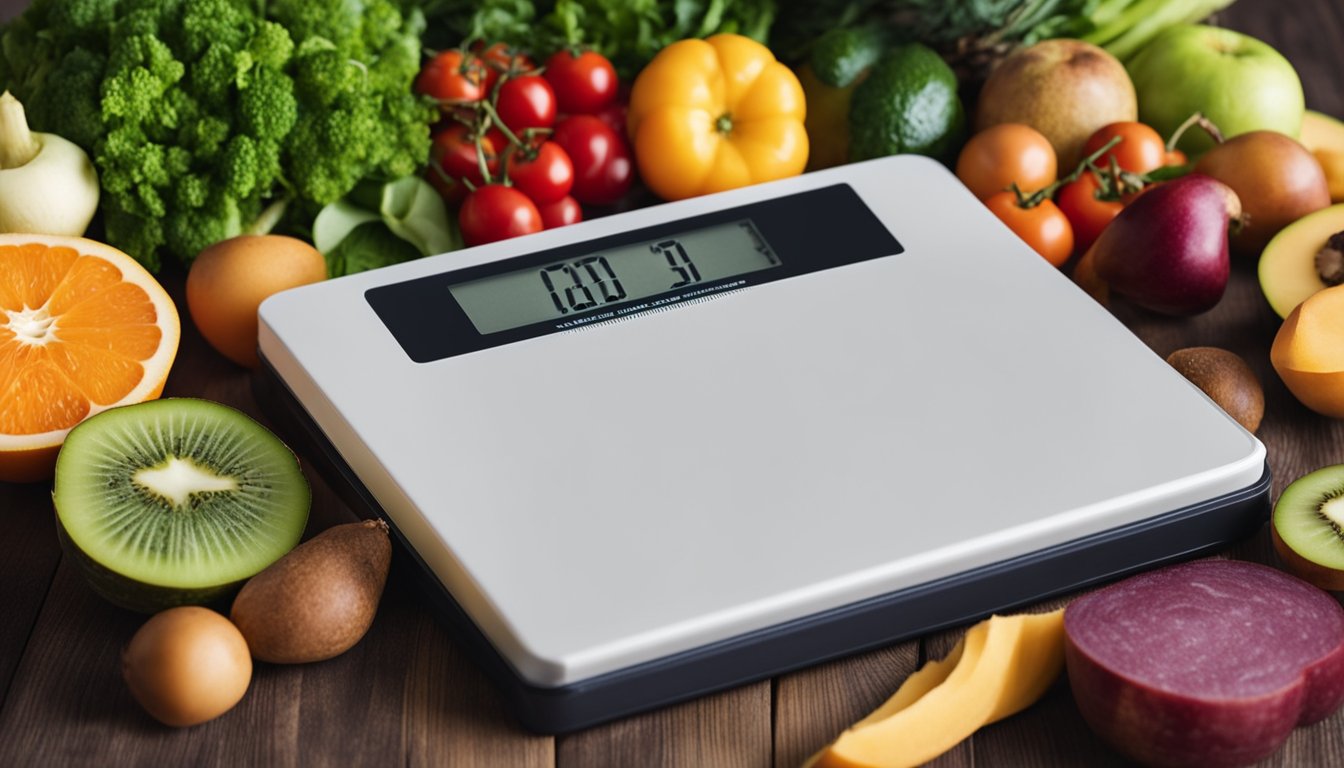 A table with various fruits, vegetables, and lean protein options. A scale and measuring tape nearby. A book titled "Understanding Diet and Weight Loss" open on the table