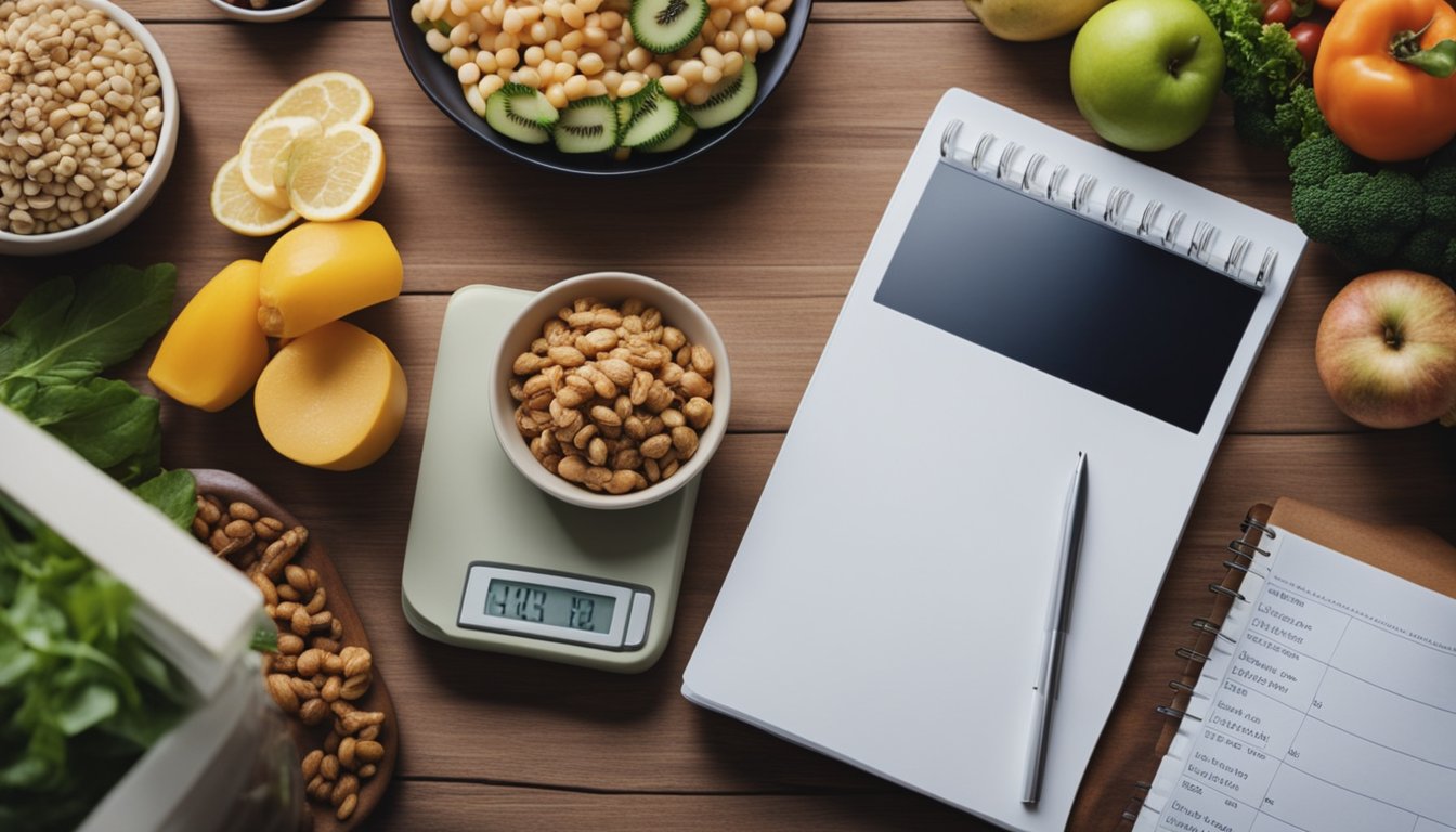 A table with various diet books, a scale, and healthy food options. A person writing notes and comparing different diets