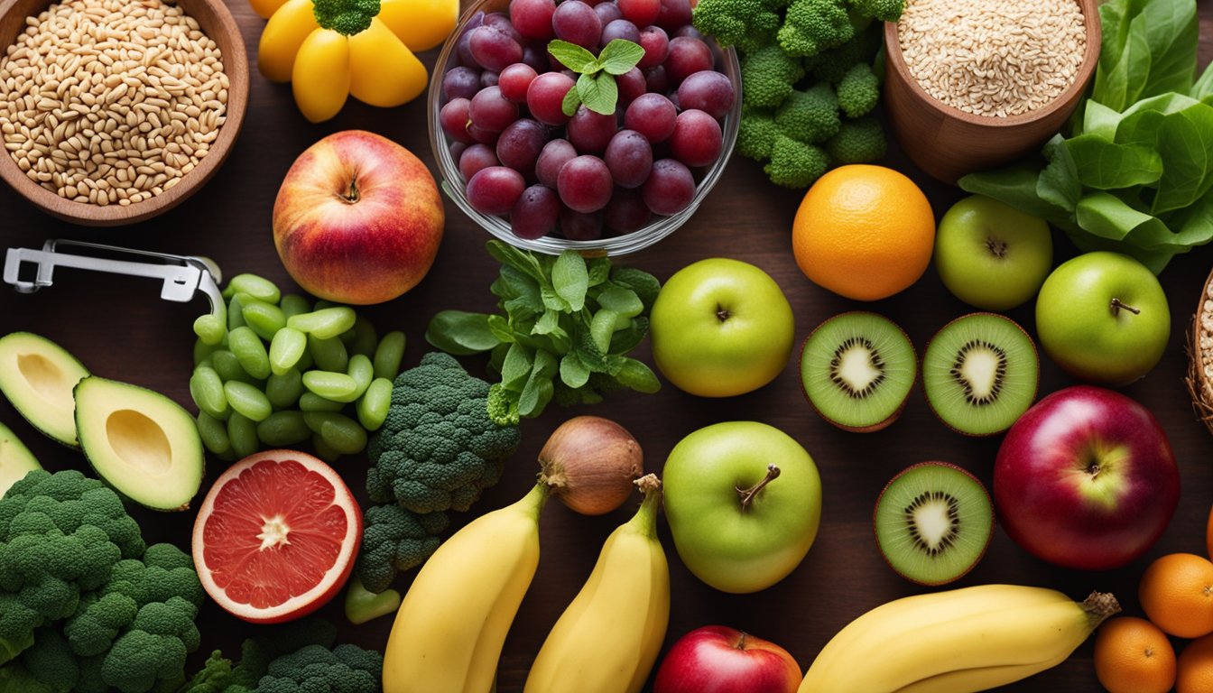 Various healthy food options displayed on a table, including fruits, vegetables, lean proteins, and whole grains. A measuring tape and scale nearby