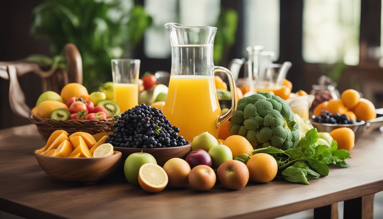 A table with a variety of colorful fruits, vegetables, whole grains, and lean proteins. A water pitcher and glass are also present