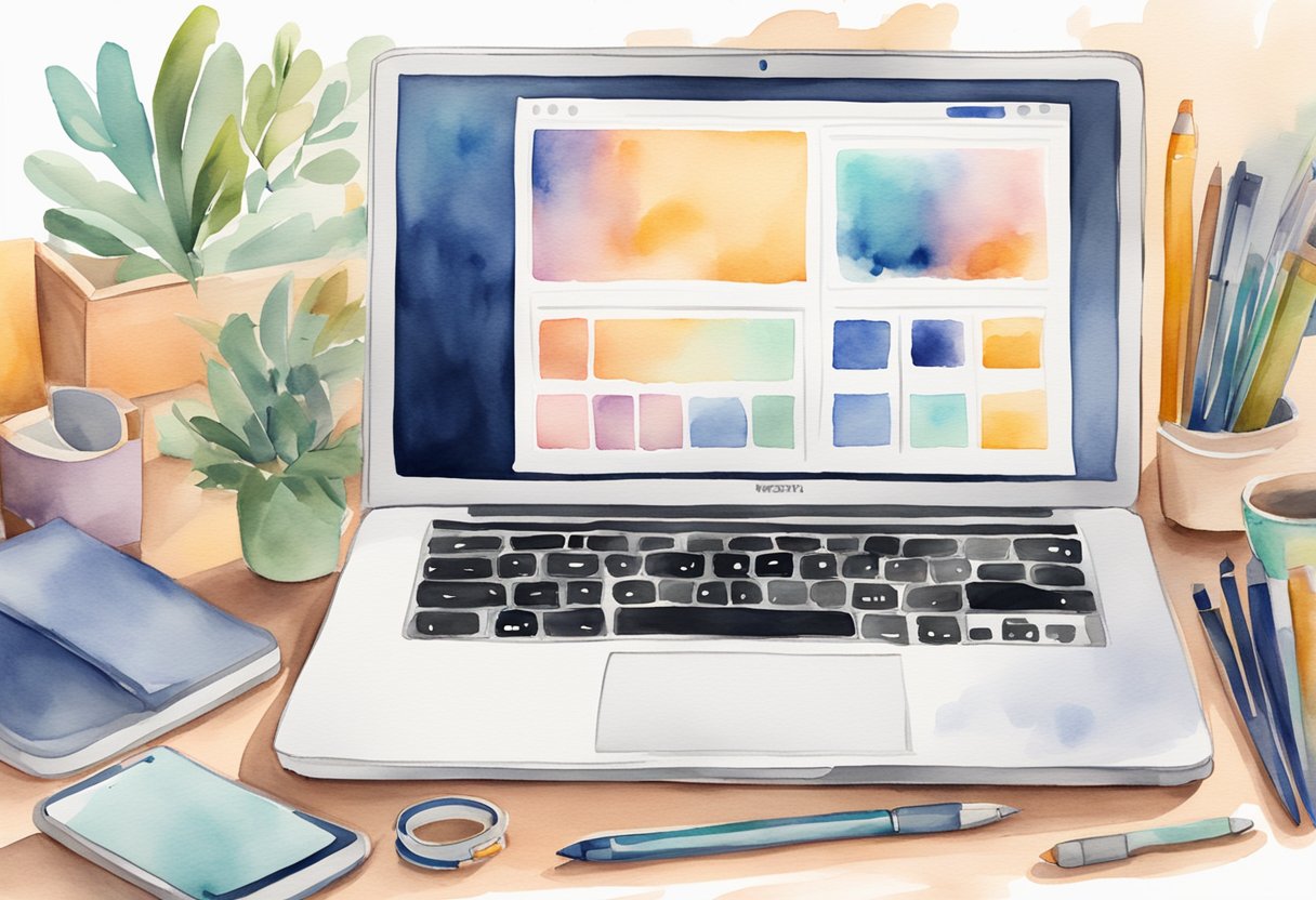 A laptop open on a desk, with the Mercari website displayed on the screen. A smartphone and a few items for sale are scattered around