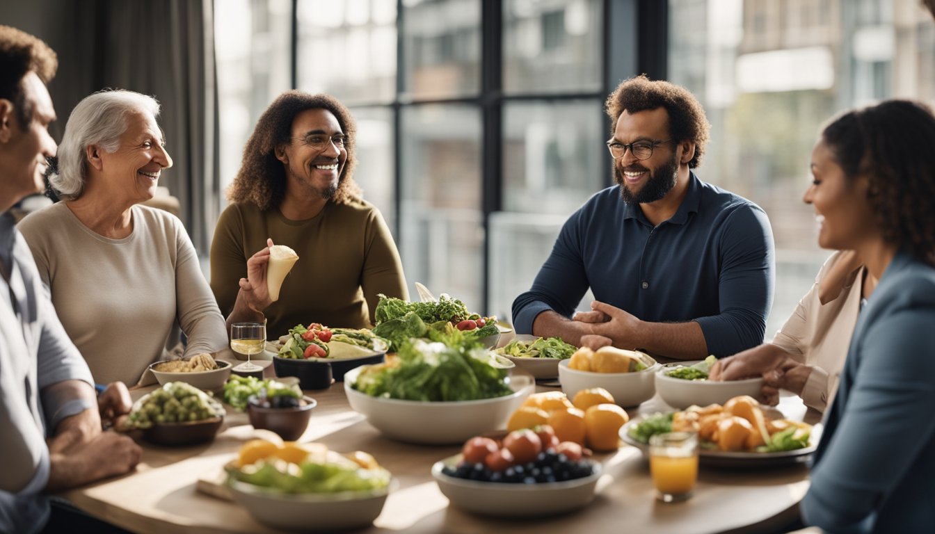 A diverse group of people with different body types and ages discussing dietary options for weight loss