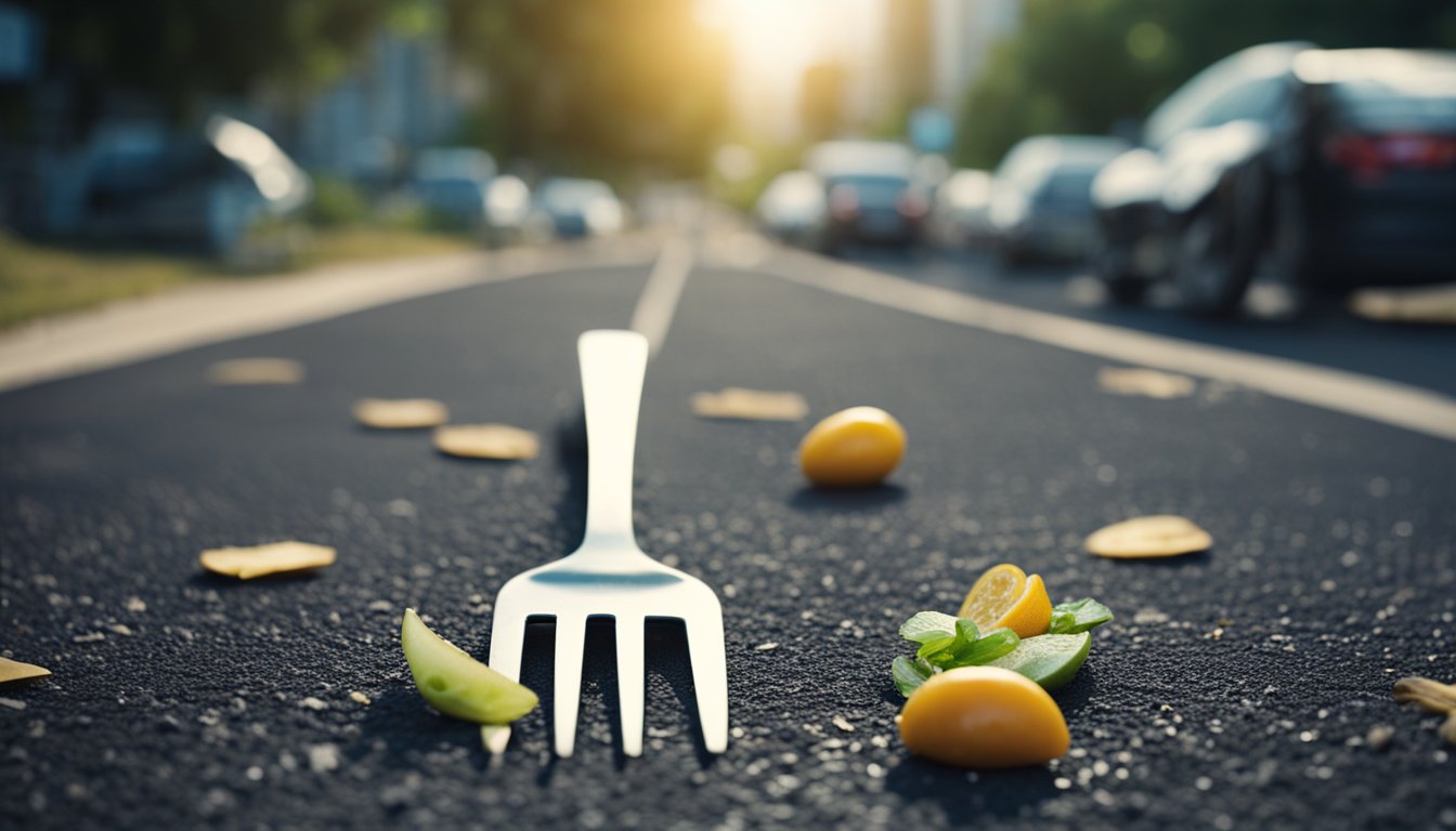 A fork in the road with one path cluttered with unhealthy food and the other path clear with healthy food options