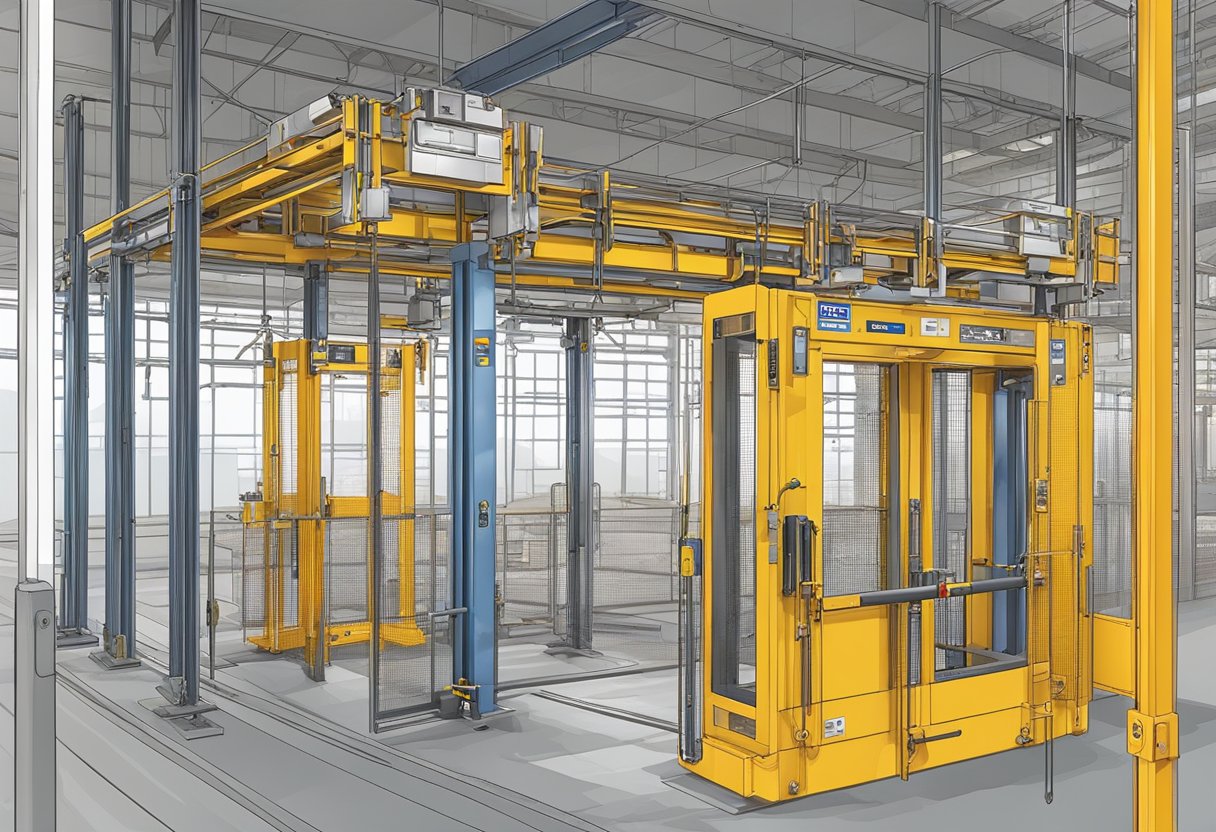 Passenger hoist safety devices in use on a construction site, including emergency stop buttons, safety gates, and overload protection systems