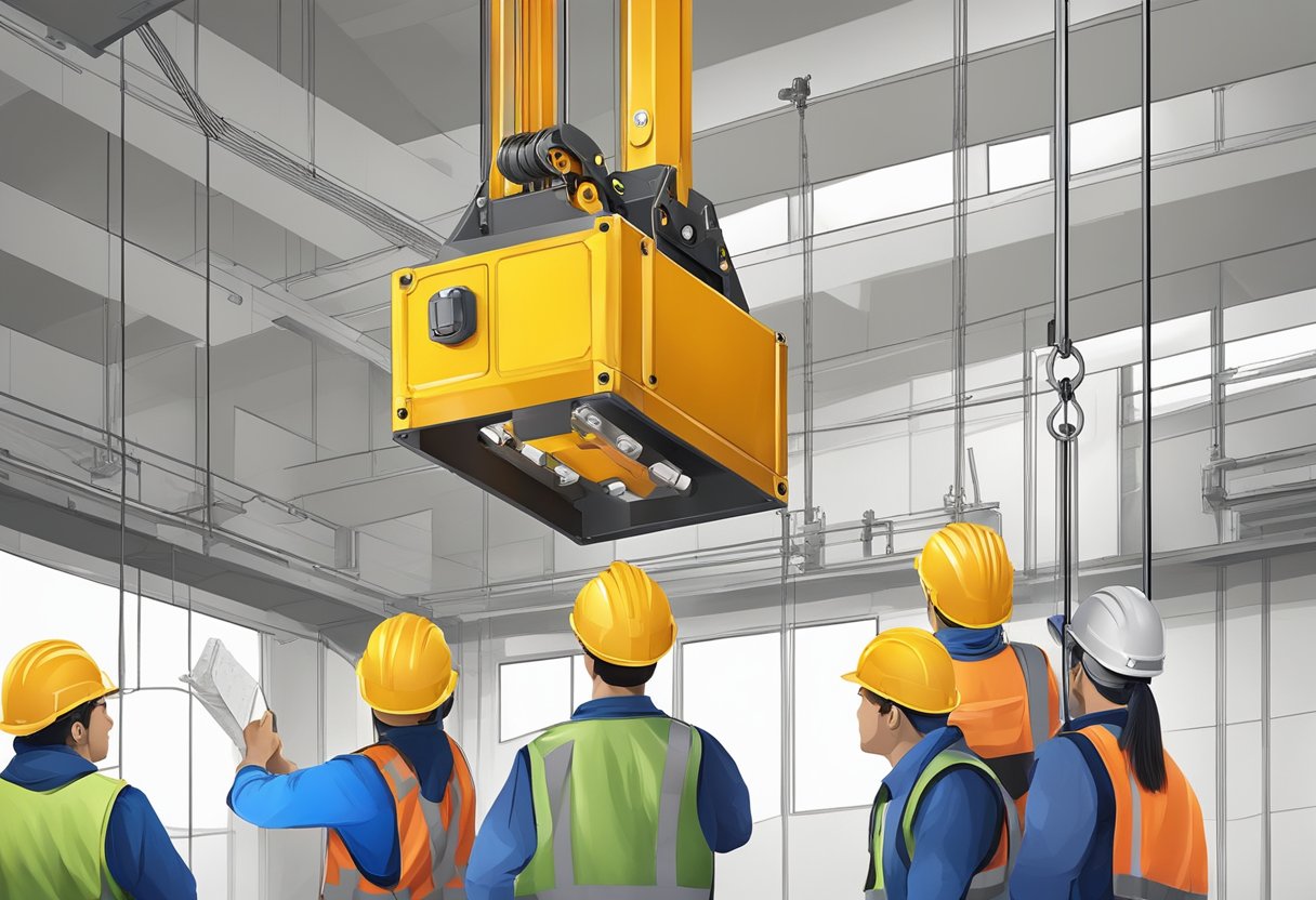 A passenger hoist safety device is being activated and tested in a construction site, with workers wearing hard hats and safety gear