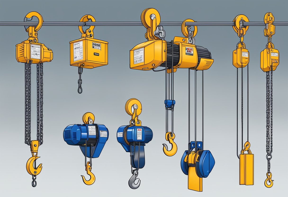 Various hoist types displayed in a construction site, including electric, manual, and chain hoists. Different sizes and capacities are shown, with clear labels for each type