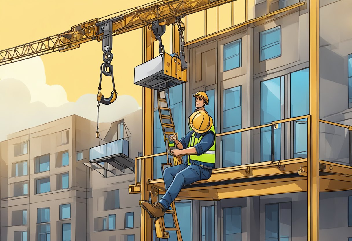 A builder operates a hoist, lifting materials to a construction site