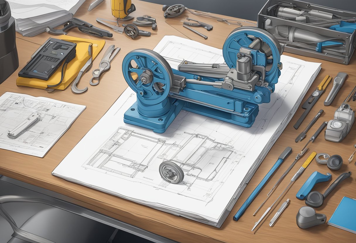 A manual for an Alimak passenger hoist is open on a work table, surrounded by technical drawings and tools