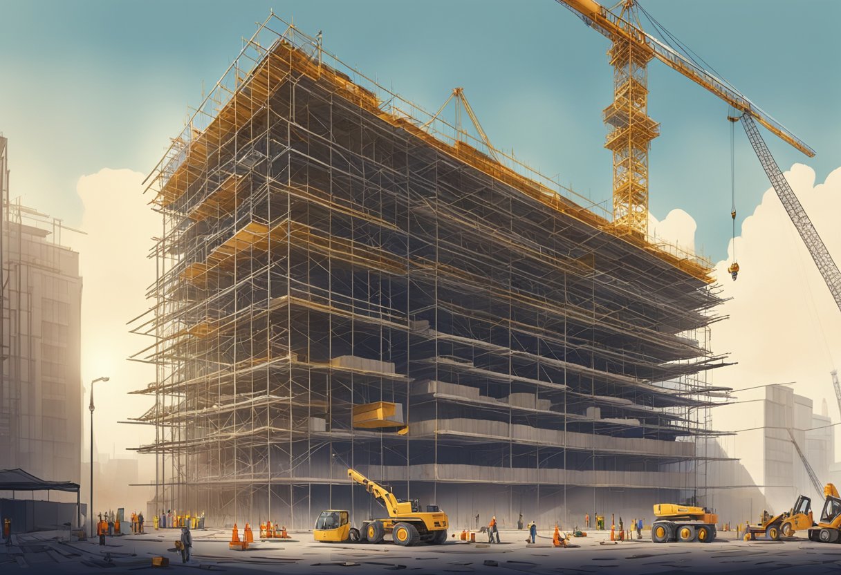 A construction buck hoist lifts materials and workers up a tall building under construction, surrounded by scaffolding and cranes