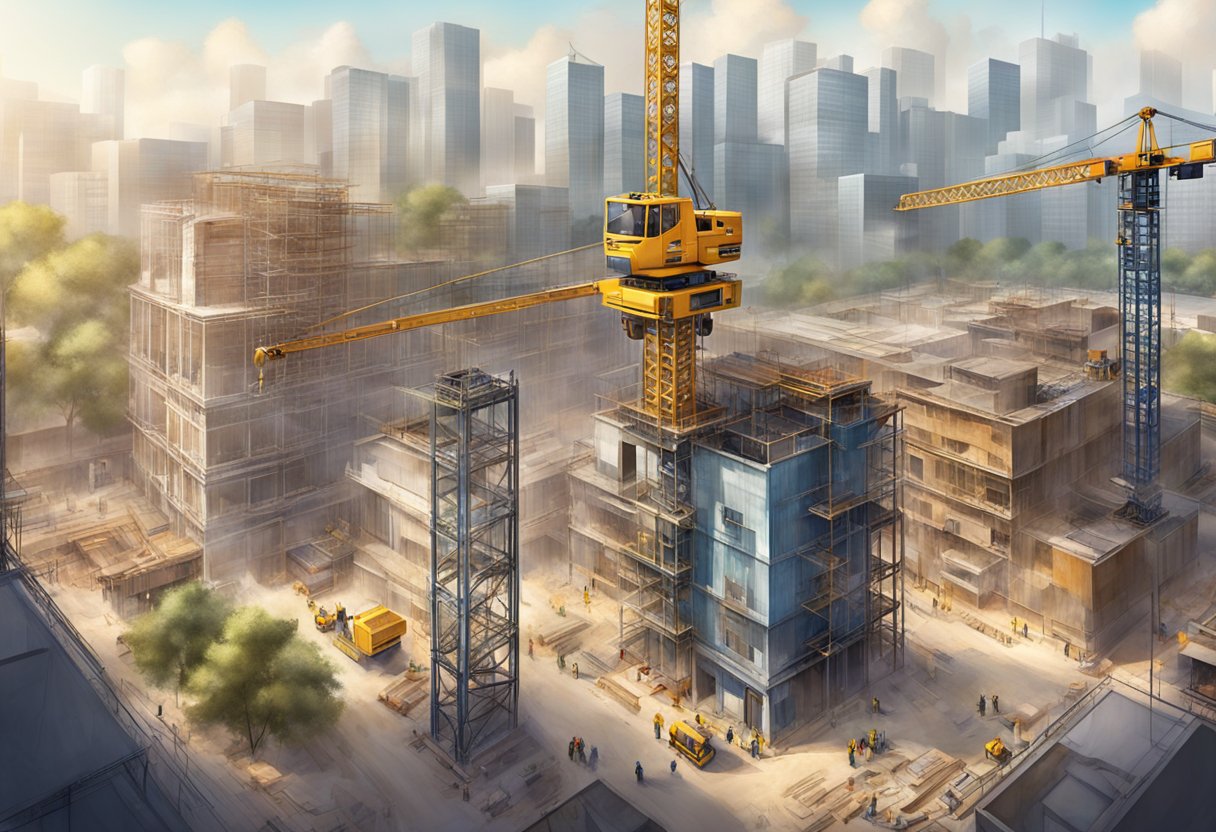 A construction buck hoist rises high above a bustling construction site, carrying materials and workers to different levels of the building