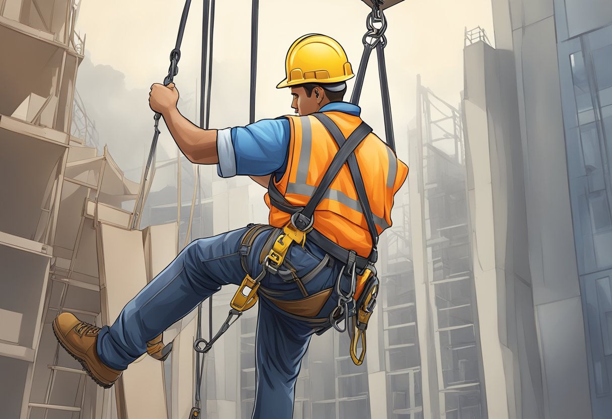 A construction worker secures a safety harness to a buck hoist