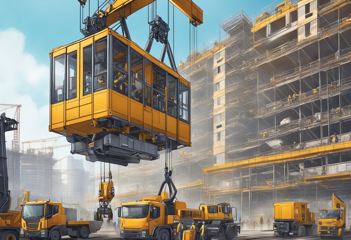 A large, industrial passenger and goods hoist ascends against a backdrop of a bustling construction site, with workers and machinery in motion