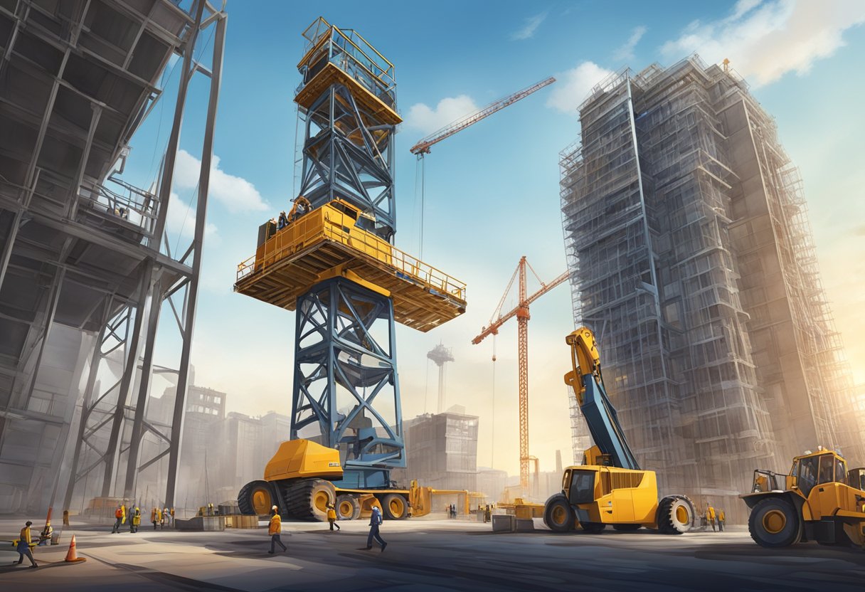 A passenger lift ascends alongside a towering construction site, with workers and machinery visible in the background