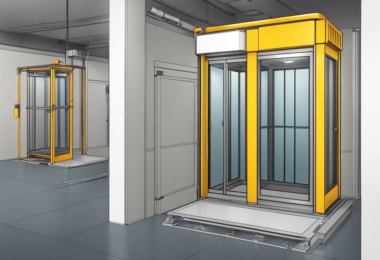 A passenger lift on a construction site, equipped with safety features and following regulations