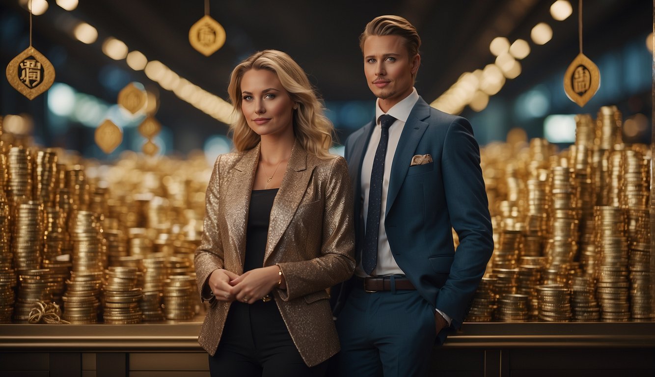 Luuk de Jong standing next to his girlfriend, with symbols of wealth and income surrounding them