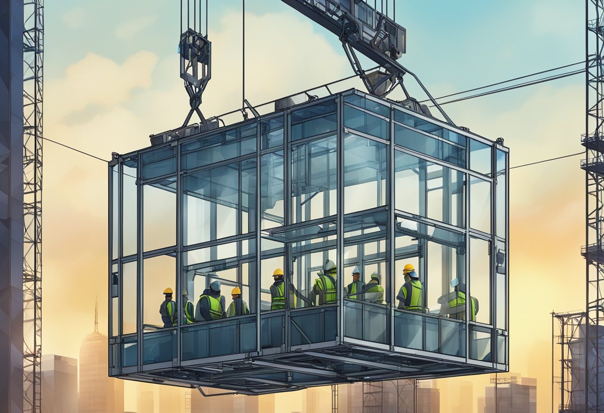 A Spartan passenger hoist rises against a city skyline, with workers visible inside the glass enclosure, surrounded by scaffolding and construction materials