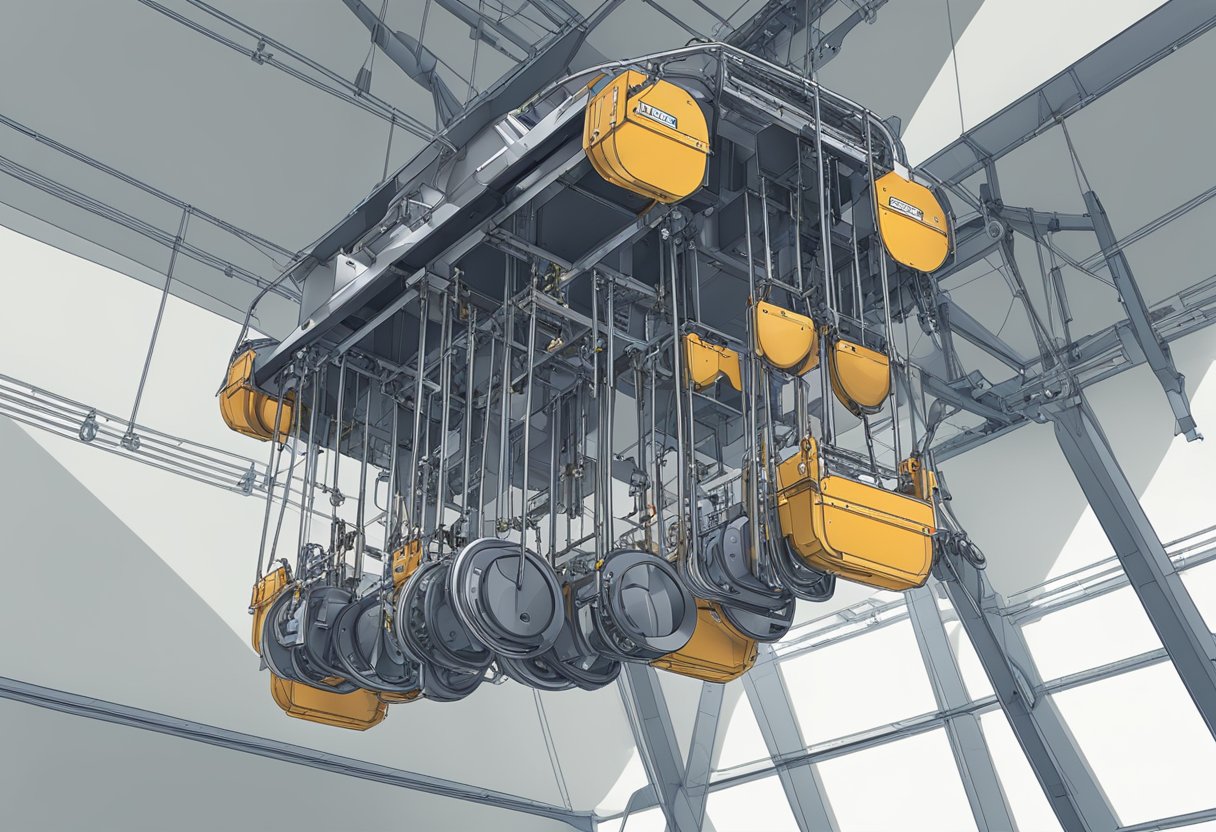 Passenger hoist parts suspended in mid-air, with cables and pulleys in clear view