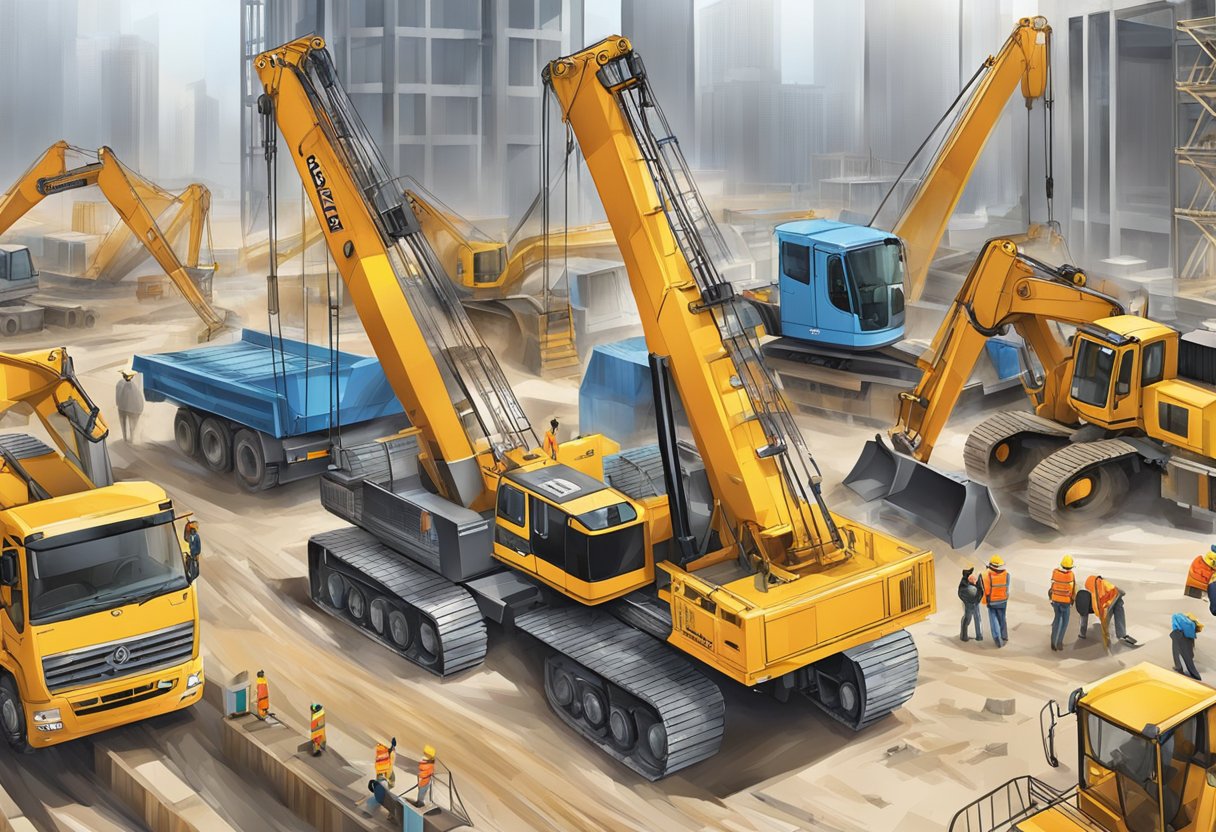 Cranes and construction equipment at a busy building site