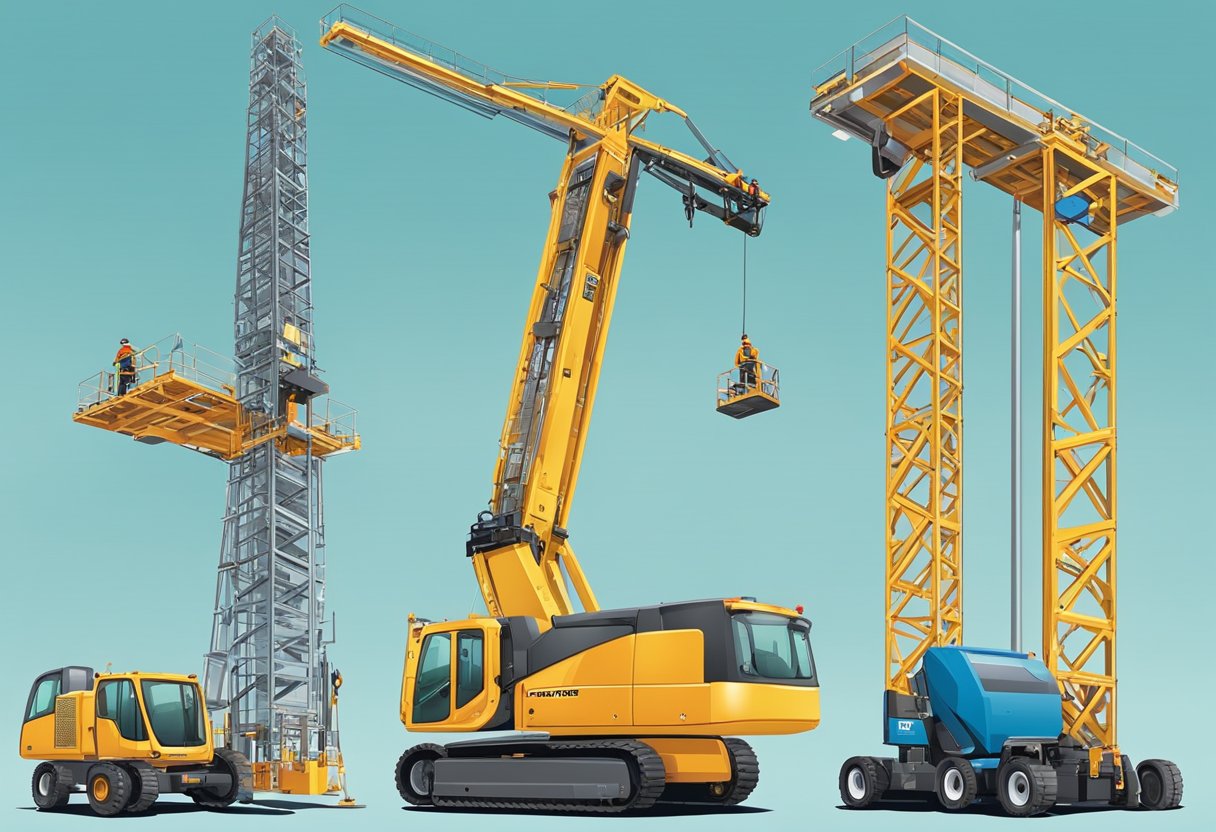 Various building site lifts in use, including scissor lifts, boom lifts, and mast climbing platforms. Surrounding equipment and materials