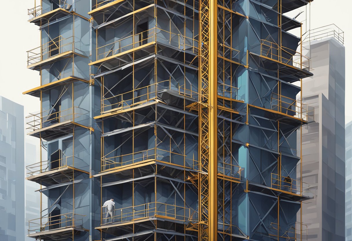 A construction elevator ascends a high-rise building, surrounded by scaffolding and construction materials