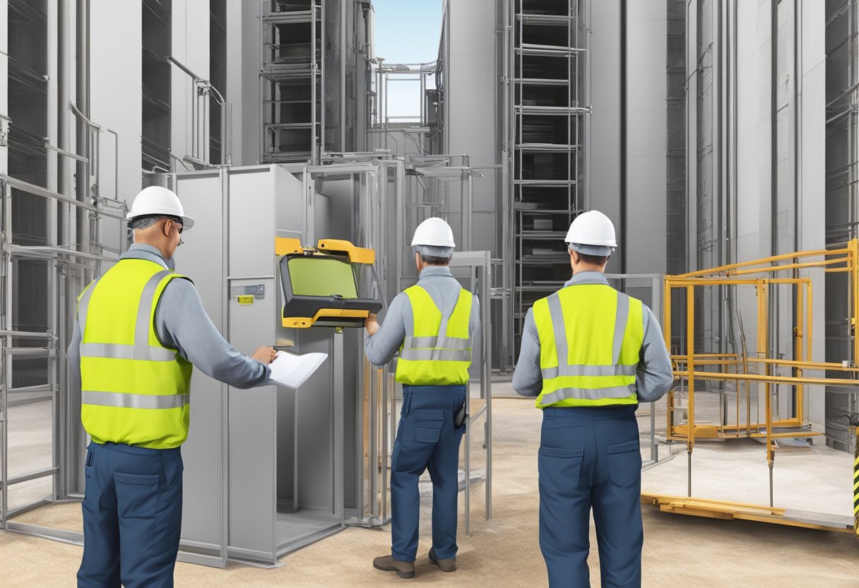 Workers inspecting and testing lift equipment for compliance with safety standards and regulations at a construction site