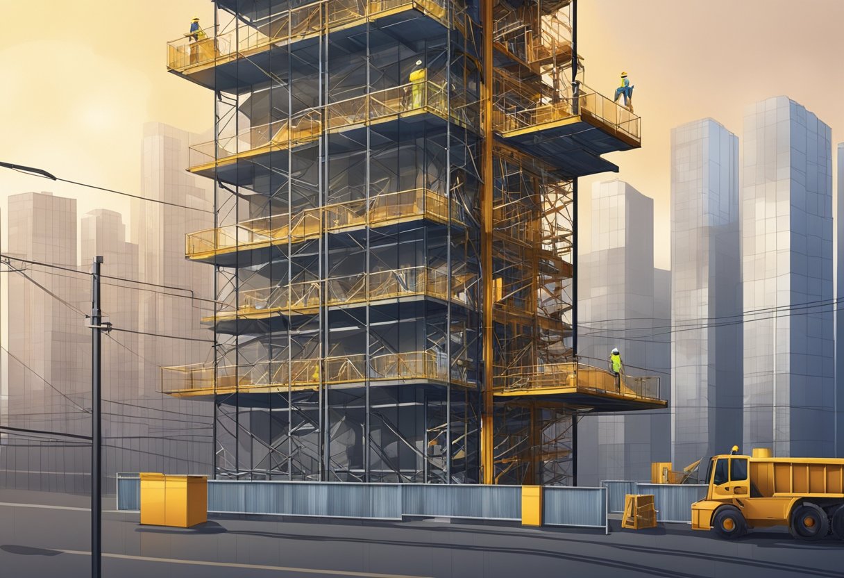 A construction elevator rises up the side of a tall building, surrounded by scaffolding and construction materials