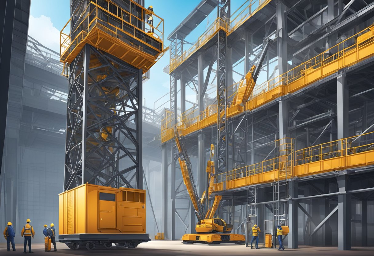 The construction elevator ascends the steel framework, with workers loading materials onto the platform. The machinery hums as it transports the components to higher levels