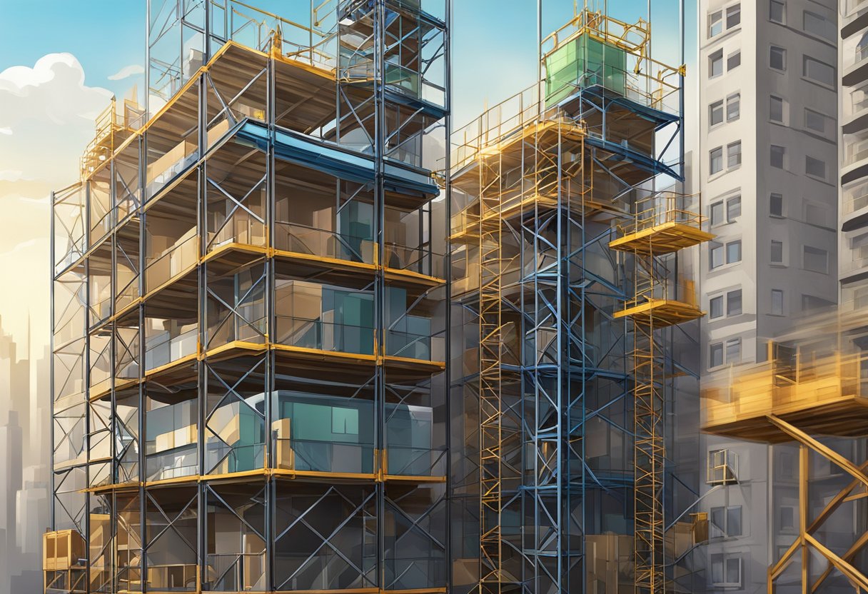 An exterior construction elevator rises against a city skyline, surrounded by scaffolding and construction materials