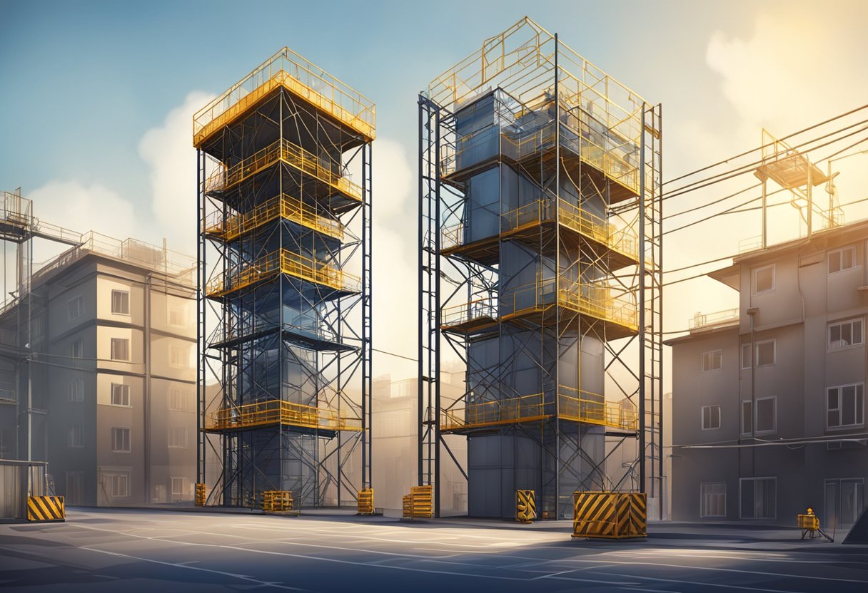 The exterior construction elevator is a tall, metal structure with safety railings and a platform for transporting materials. It is surrounded by scaffolding and construction materials