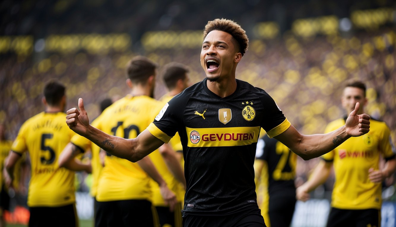 Donyell Malen celebrating a goal with Borussia Dortmund teammates, surrounded by cheering fans in a packed stadium