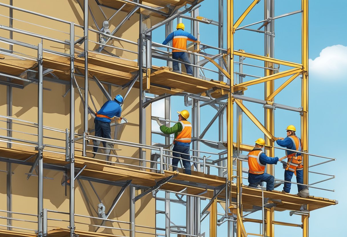 Builders hoist materials onto scaffolding at a construction site