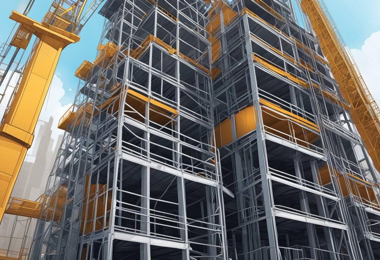 A construction material elevator ascends a steel framework at a bustling construction site