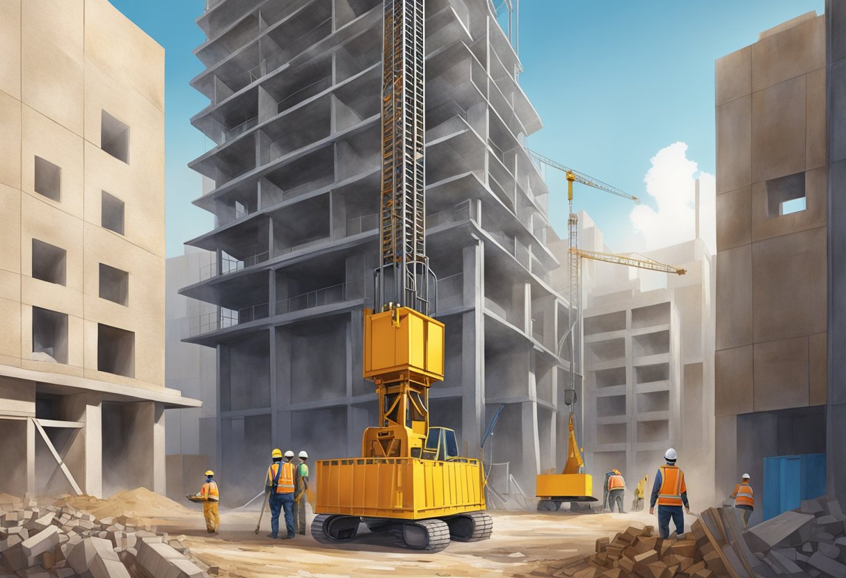 A construction material elevator lifts steel beams and concrete blocks at a busy construction site