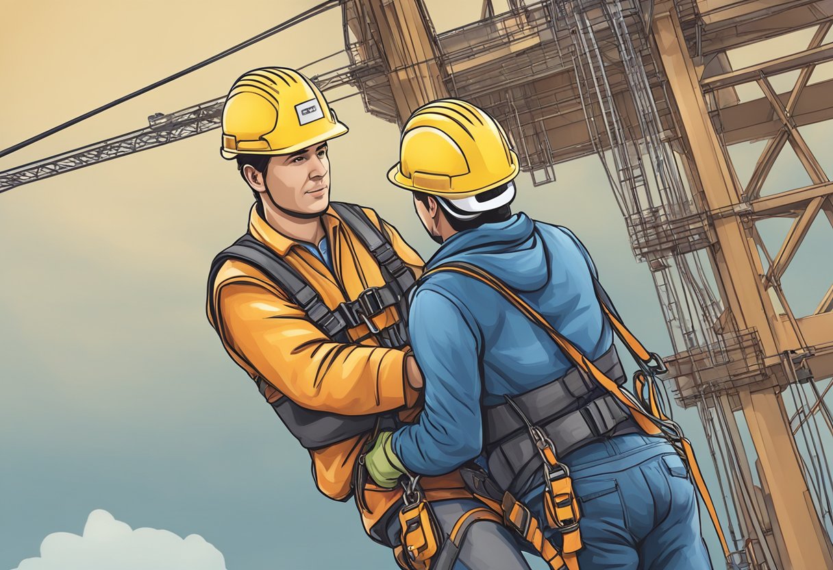 A passenger hoist lifting a person to a construction site with safety harness and hard hat