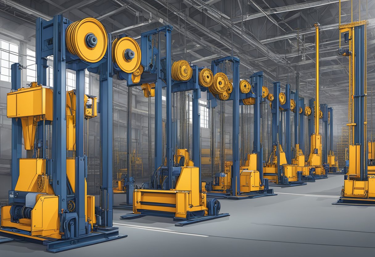 The construction hoist parts are neatly arranged on the warehouse floor, with gears, cables, and pulleys ready for assembly