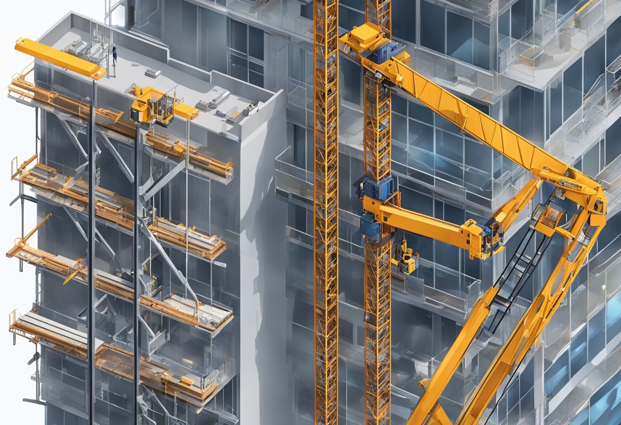 Construction hoists in action, lifting materials and workers on a high-rise building site. Various parts like the mast, cage, and motor are visible