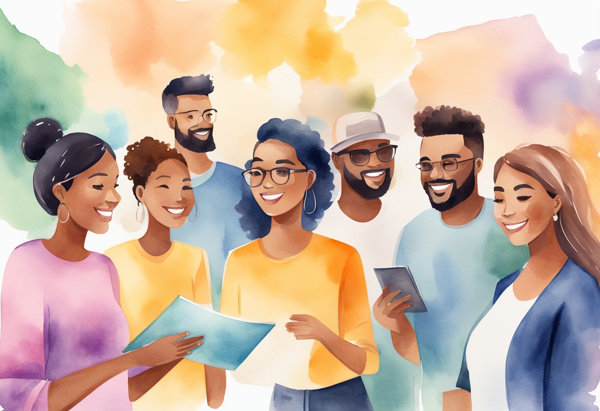 A group of diverse people engaging in promotional activities for an affiliate program, using various marketing materials and strategies to attract potential partners