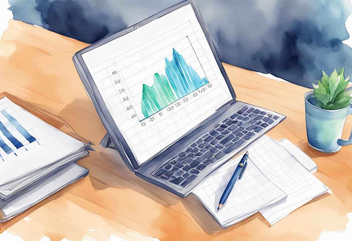 A computer screen displays a graph showing the growth of an affiliate program's revenue. A hand holds a pen, ready to take notes on a notepad